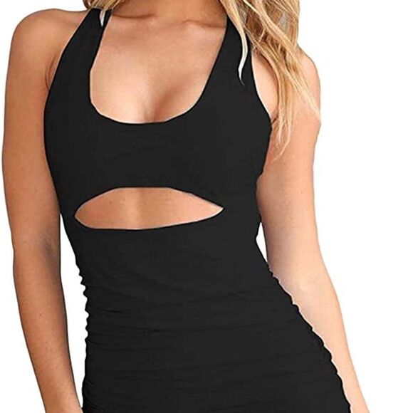 Olivaceous Mocha Ruched Bodycon Cutout Mini Dress (M) - Picture 2 of 9